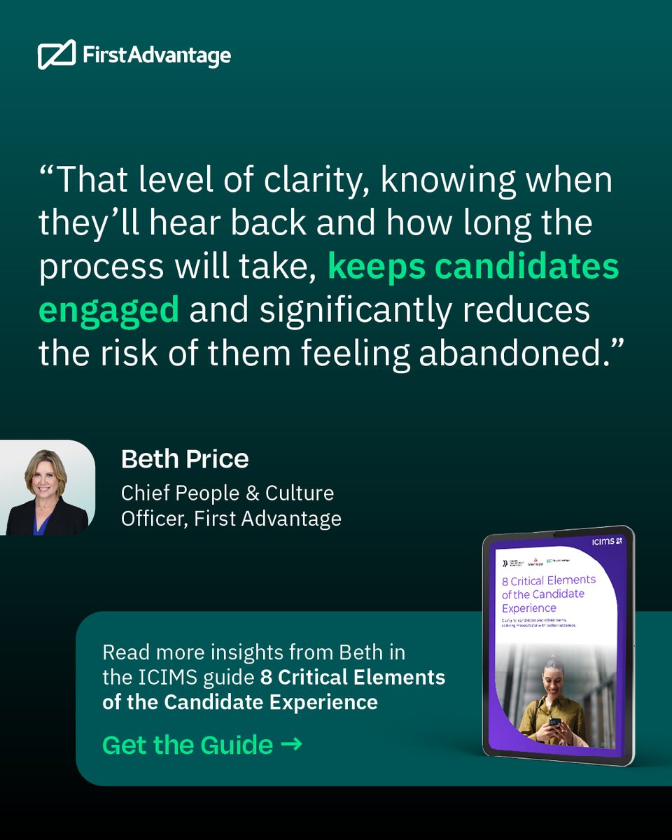 firstadvantage's tweet photo. Beth Price, Chief People &amp; Culture Officer, shares her perspective on improving transparency and keeping candidate engagement up throughout the hiring process in this new guide from @iCIMS.

Download the guide here: https://t.co/ztR6cb8Jkt. https://t.co/rljViEiLDn