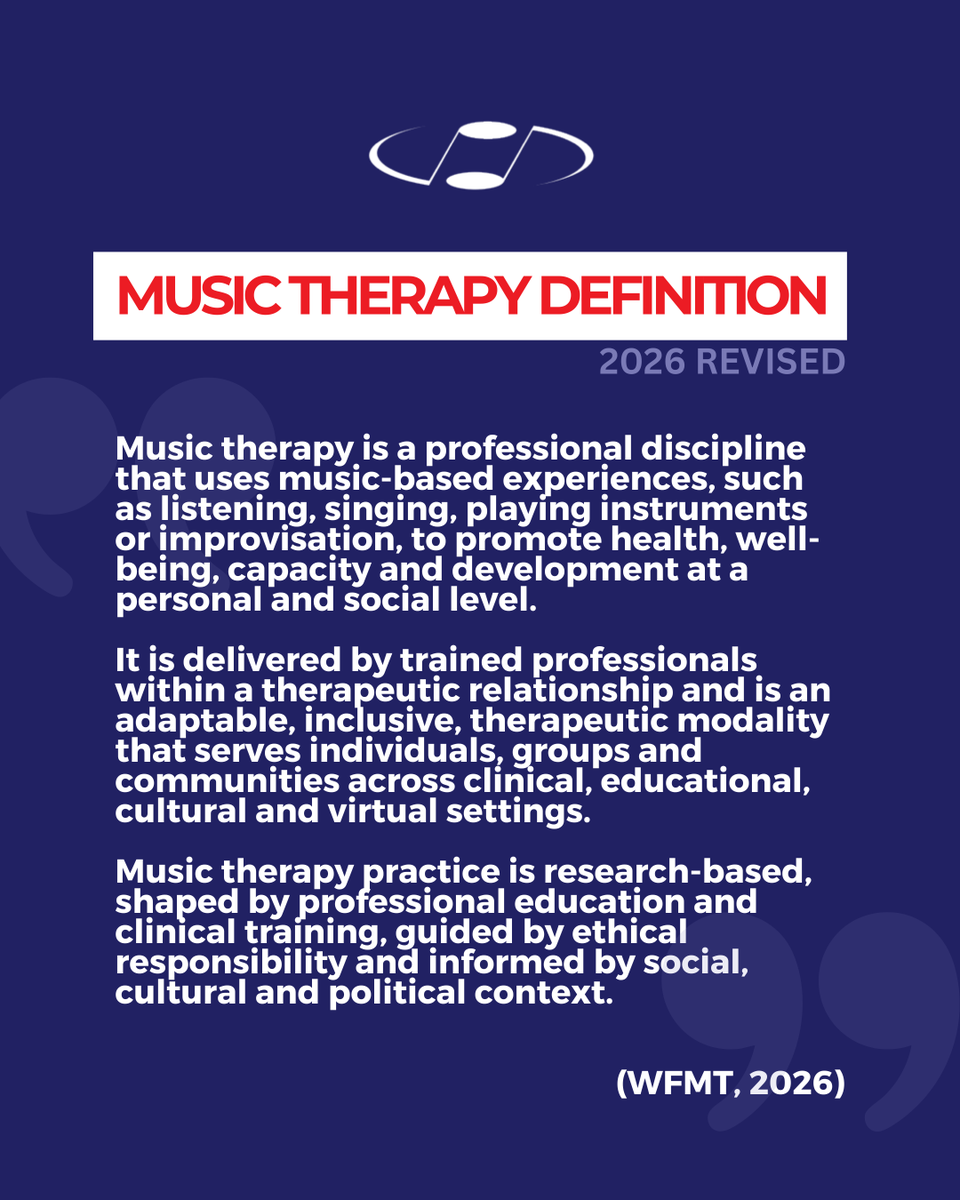 WFMTinfo's tweet photo. WFMT is pleased to share the revised definition of Music Therapy, announced during the #wcmt2026 in Bologna, Italy. To make this definition increasingly accessible to the global music therapy community, new translations will be available over the coming week. https://t.co/4AIpzHpZw8