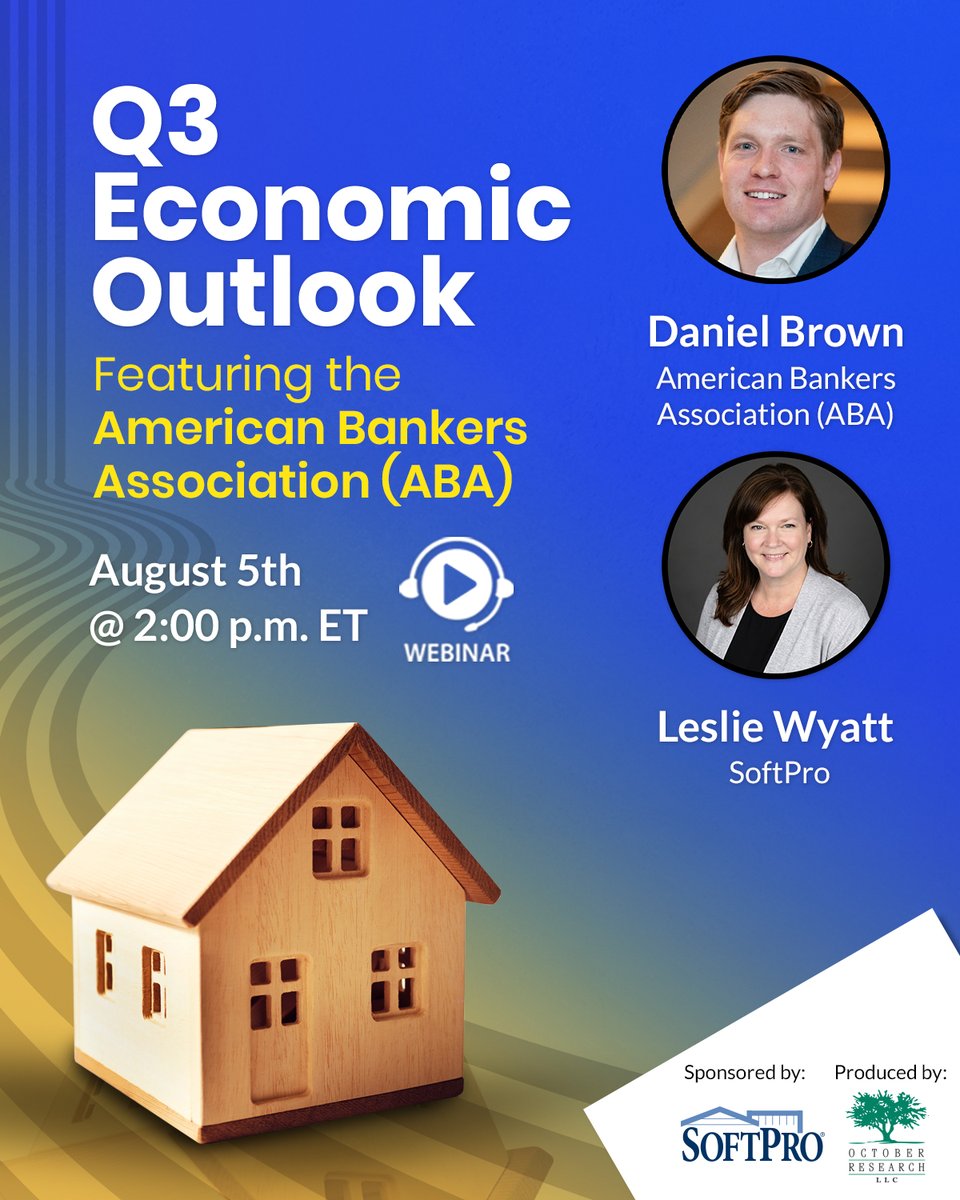 ORKnowledge's tweet photo. Where is the 2026 housing market really heading? 📉📈 Join us Aug 5 at 2 PM ET for our Q3 Economic Outlook with the @ABABankers . Get the scoop on rates, regional shifts &amp; construction.

Sponsored by @SoftProSoftware   🙌

Register: https://t.co/F2kMgqXiry https://t.co/SaraEghI50