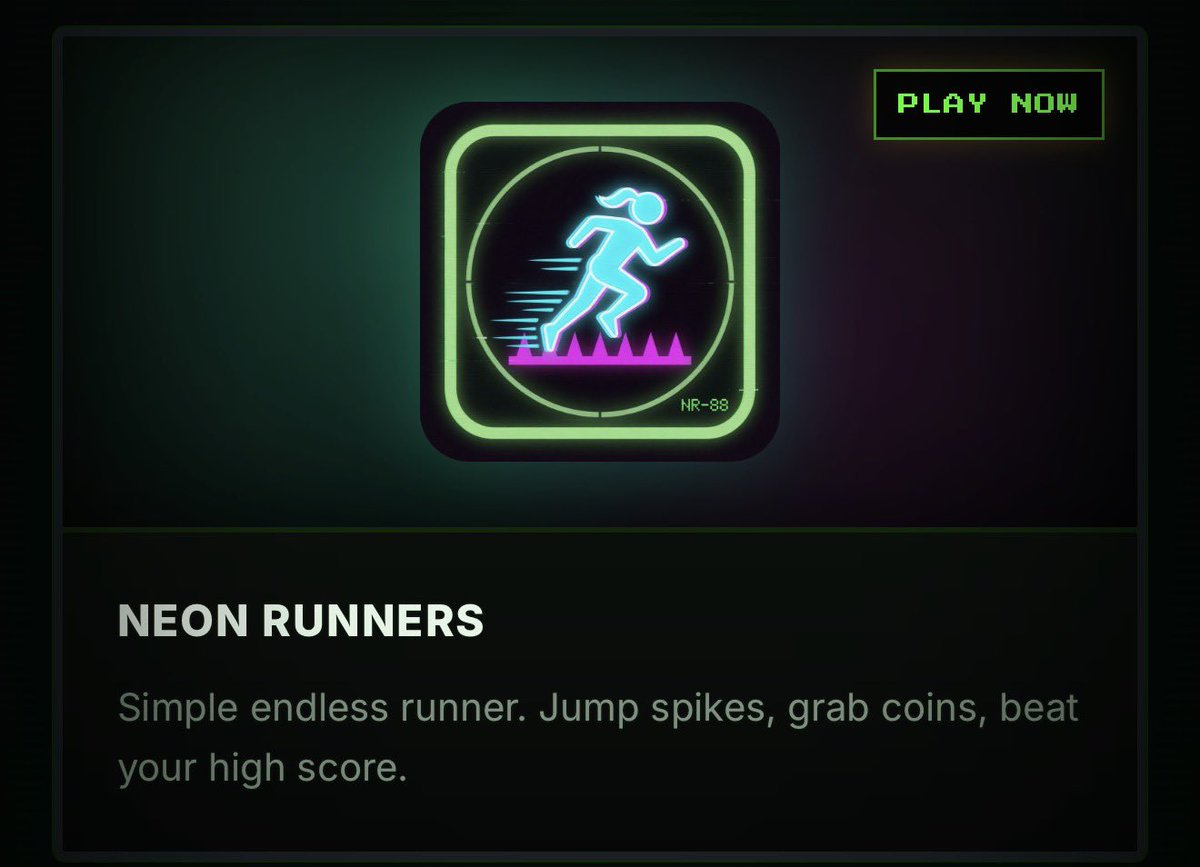 ArcArcad's tweet photo. 🕹️ NEON RUNNERS is LIVE

First ARCAD game is open.
Jump. Grab coins. Beat your high score.

come test it:

https://t.co/DYpRwcpUXd

Drop your best score below 👇
Built on @arc https://t.co/nJLJ0hxY9p