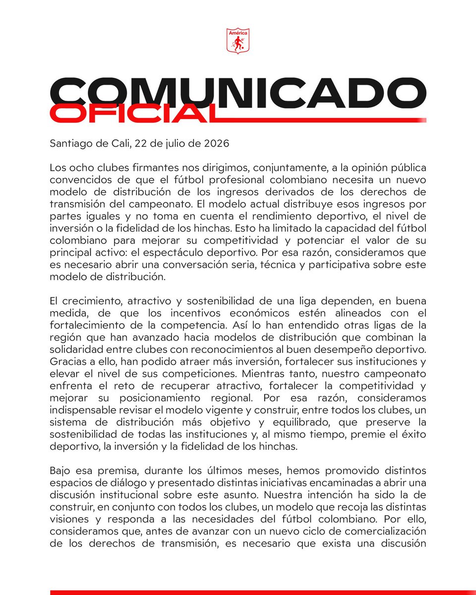 WillyRodri13's tweet photo. Por fin pasó lo que tenía que pasar. Los ocho clubes más importantes del fútbol colombiano, unidos para exigir un nuevo modelo de distribución de los ingresos por derechos de TV.

Con ustedes el G8 del FPC: Millonarios, Nacional, América, Cali, Junior, Santa Fe, Once Caldas y DIM https://t.co/7uOcmMmdxY