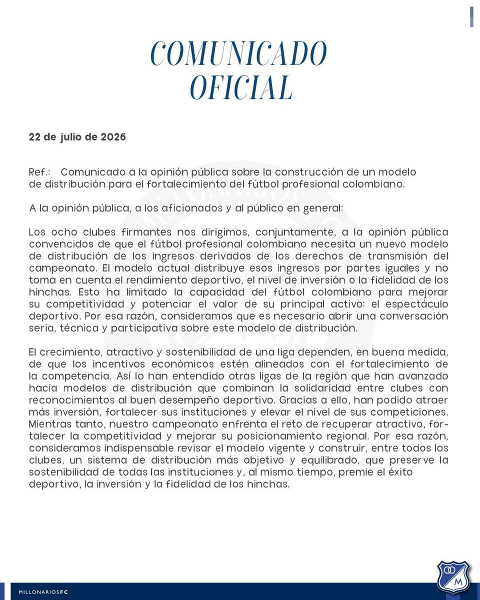 WillyRodri13's tweet photo. Por fin pasó lo que tenía que pasar. Los ocho clubes más importantes del fútbol colombiano, unidos para exigir un nuevo modelo de distribución de los ingresos por derechos de TV.

Con ustedes el G8 del FPC: Millonarios, Nacional, América, Cali, Junior, Santa Fe, Once Caldas y DIM https://t.co/7uOcmMmdxY
