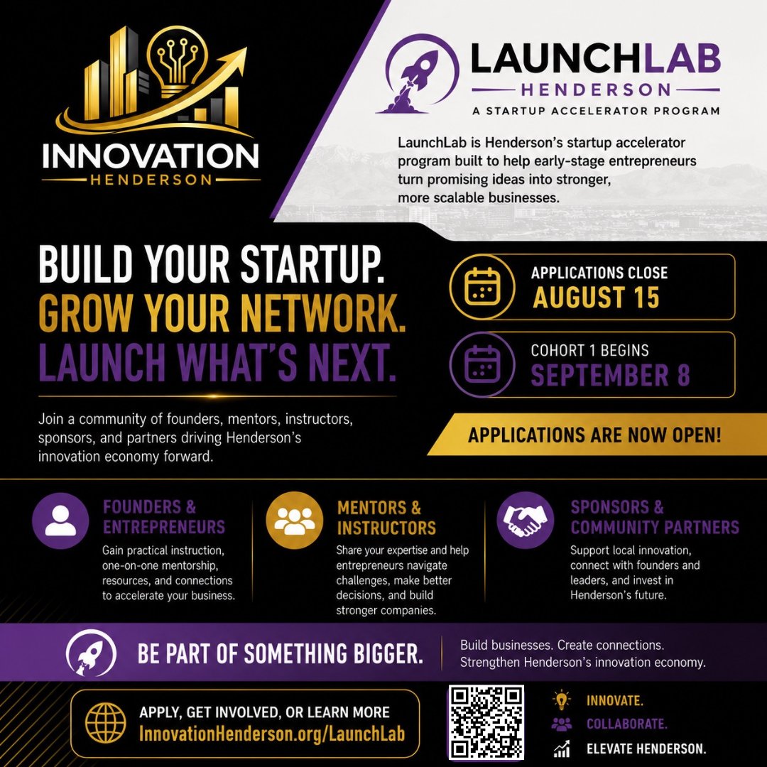 HCC_Nevada's tweet photo. Applications are now open for LaunchLab!

Henderson’s startup accelerator supports early-stage entrepreneurs with training, mentorship, resources, and a community.

Applications close August 15. Cohort 1 begins September 8.

For more information visit: https://t.co/kdIG9jkSKU https://t.co/CbhXKwRizb