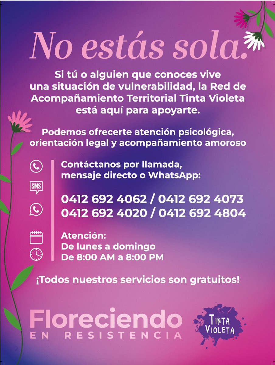 entintavioleta's tweet photo. ♀️La Red de Acompañamiento Territorial, plataforma que agrupa a distintas colectivas para brindar apoyo a mujeres y NNA, pone a disposición estos números de atención.

📲 Por SMS, WhatsApp y llamadas
⏰ De 8 am a 8 pm
🆓 Servicios gratuitos https://t.co/QRWE7pGtg5