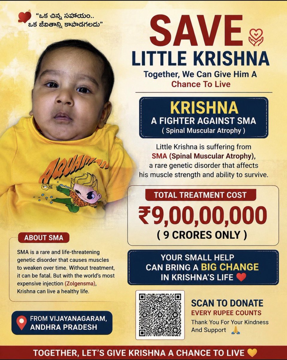 saikumar52842's tweet photo. SAVE LITTLE KRISHNA 💛
This is Krishna. 8 months old. From Vijayanagaram, AP.
He’s fighting SMA - Spinal Muscular Atrophy.
Without the Zolgensma injection, his muscles will keep weakening.
With it, he can live a normal life.

Total cost: ₹9 CRORES
#SaveLittleKrishna https://t.co/O9J0GQCpgm