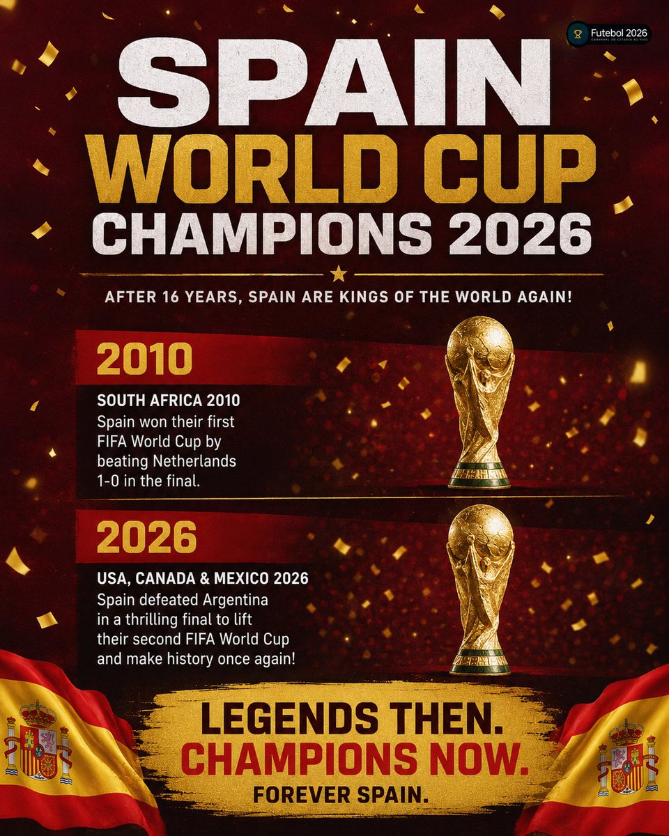 torcidanet's tweet photo. Back on top of the world! 🇪🇸🏆
Spain reigns supreme once again, proving that champions never fade—they rise again. ⭐🔥
#Spain #WorldCup2026 #Champions #FIFAWorldCup #SpainChampions #LaRoja #Football #Soccer #WorldChampions #ChampionsAgain #FootballHistory #GoldenGeneration https://t.co/hsqUZJ0mqz