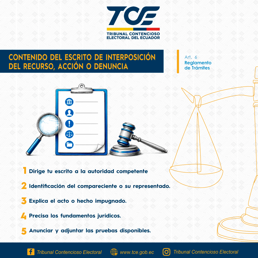 TCE_Ecuador's tweet photo. #TCEInforma | ⚖️ Presenta correctamente tu recurso, acción o denuncia ante el TCE. 📝
👉 Consulta todos los requisitos para presentarlo en el artículo 6 del #ReglamentoDeTrámites antes de ingresar tu escrito en el #TCE.
#JusticiaElectoral https://t.co/4hW6Phc5N4