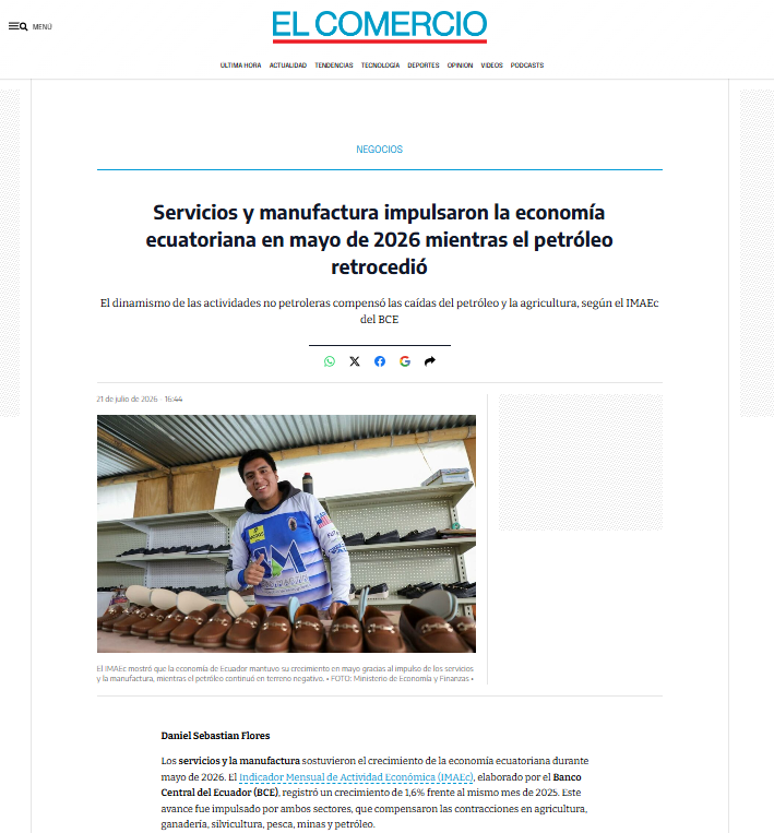 UIDE's tweet photo. 💹 #UIDEtoday | David Espinoza, docente de Business School, analizó en @elcomerciocom el crecimiento económico de mayo de 2026 y explicó que estuvo impulsado por servicios y manufactura, mientras agricultura y el sector petrolero siguen en contracción.

https://t.co/UAhnXvuaYl https://t.co/1xrIRd1Upt