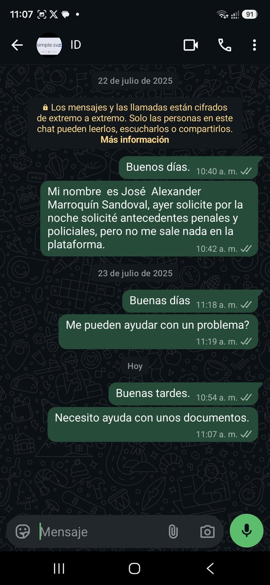 ALEXSANDOVAL___'s tweet photo. @Innovacion_SV Tengo un problema con unos documentos  que solicite por simple y no me resuelven.  He acudo asus canales de atención como WhatsApp y correo  y no contestan. https://t.co/vybnUZkOCQ
