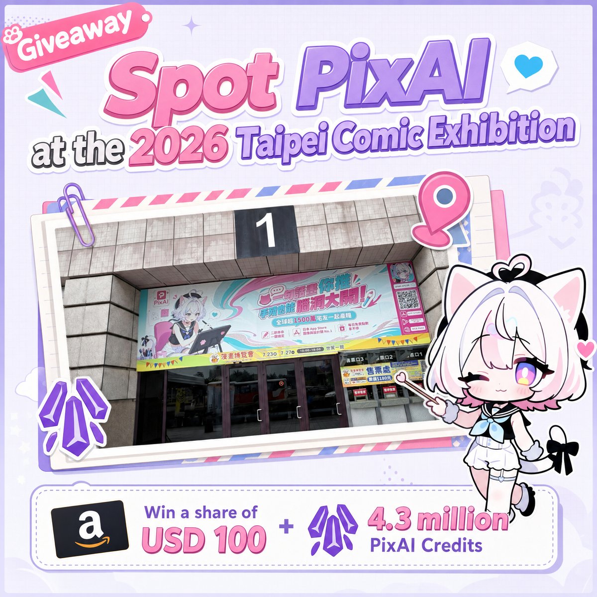 PixAI_Official's tweet photo. [Giveaway]
✨Spot PixAI at the 2026 Taipei Comic Exhibition & Win!
From July 23 to July 27, if you're visiting the Taipei Comic Exhibition, don't forget to keep an eye out for PixAI's outdoor ads!
Win a share of USD 100 + 4.3M PixAI Credits!

Enter online or on-site:
Take a photo with the PixAI ad at the venue, or create a manga with PixAI online and share it on X with #tpcomicPixAI to enter!

📍 Location:
Taipei World Trade Center Hall 1
Inside & outside Entrance No. 1

🎁 Giveaway Rewards:
• 2 Winners｜$50 each
• 10 Winners｜400,000 PixAI Credits each
• 30 Winners｜10,000 PixAI Credits each

🗓 Jul 23 – Jul 30
Spot PixAI at the Taipei Comic Exhibition!