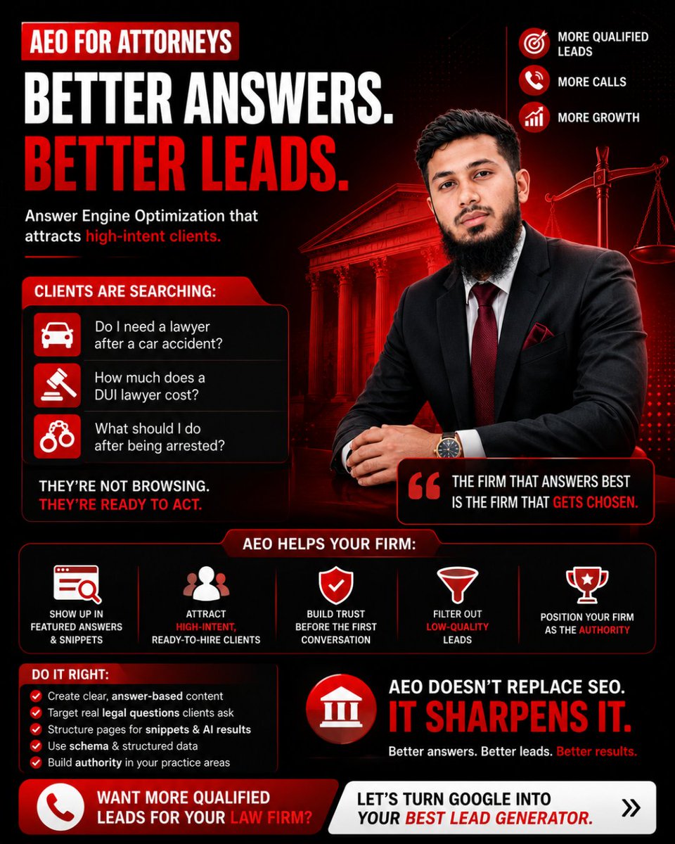 aeoexpertpro's tweet photo. More traffic doesn't mean more clients.
Better answers do.
Attorneys who optimize for Answer Engine Optimization (AEO) show up when clients ask legal questions—not just when they search.

Be the answer. Get chosen. ⚖️

#AEO #LawFirmSEO #SEO #MijuSEO #AEOExpertPro https://t.co/56tBzzBd8z