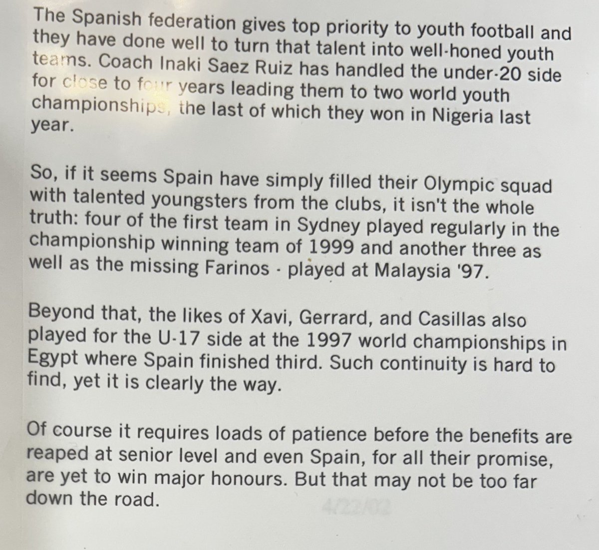 SolaEgunjobi's tweet photo. How time flies! I wrote this about Spain just after the Sydney Olympics in 2000 - when their U23s won silver behind Cameroon.
They won the Euros eight years later…and have just won their 5th “major” in the 16 years since. Down the road wasn’t too far after all… 🏆 https://t.co/YtnMydm08E