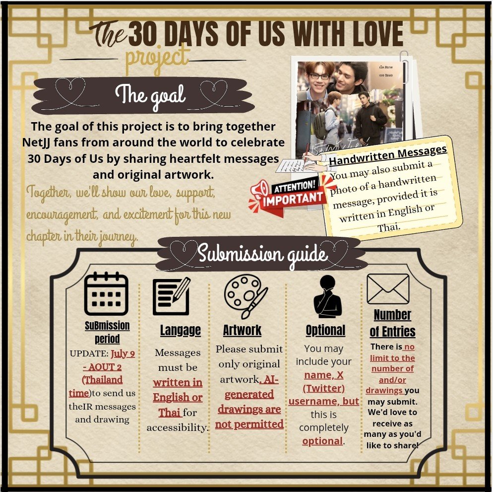 NetjjProjects's tweet photo. Here is your chance to send messages and drawings to Netjj. Let’s show them the support of all their fans around the world. There is no limit to the number of messages or drawings you can send. Please take a few minutes to participate and help make this project a wonderful memory for Netjj.
#30Daysofuswithlove
🔗https://t.co/xyl8ZyTKpI