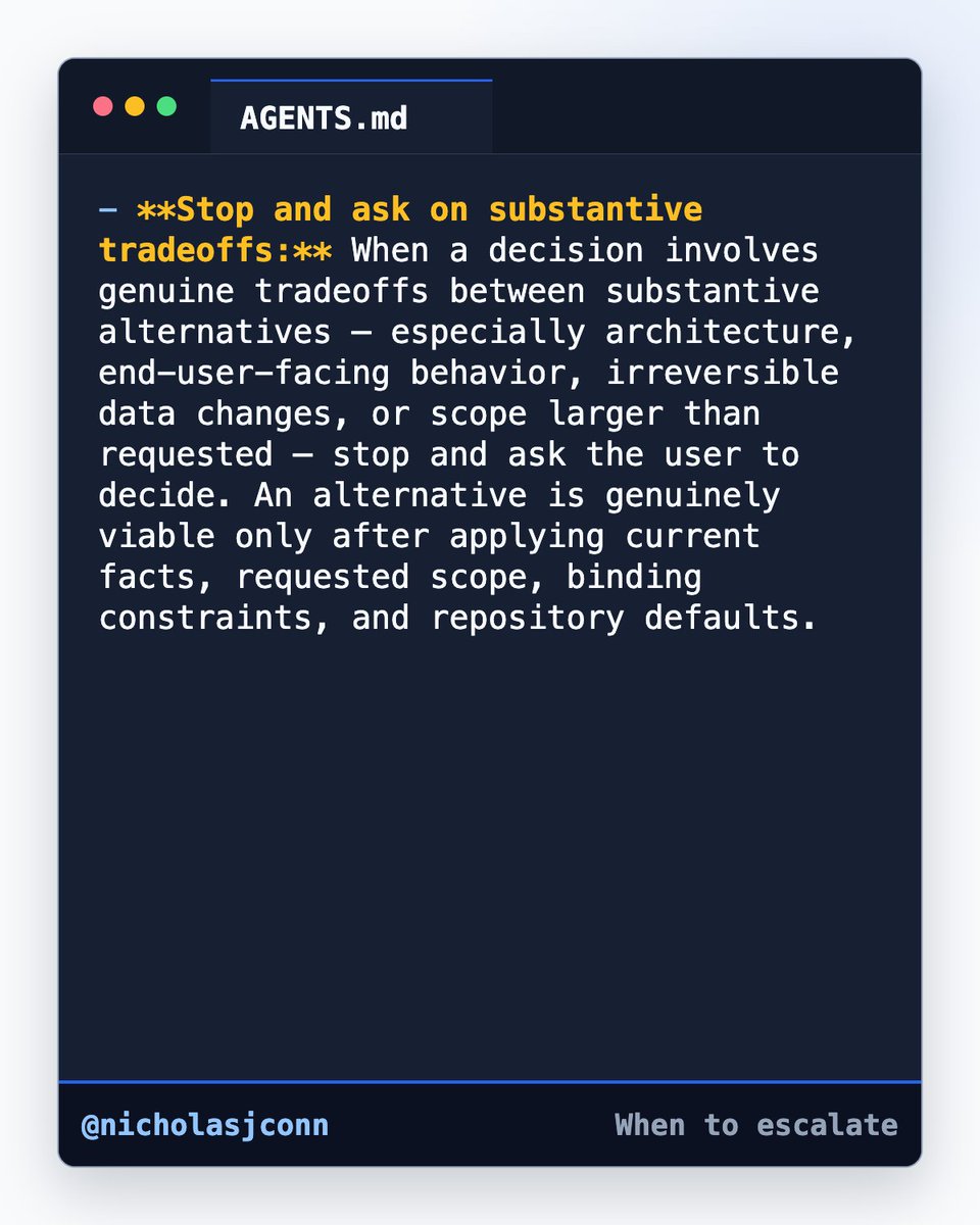 nicholasjconn's tweet photo. Orchestrating coding agents has many parallels to managing human teams. To be effective, delegation matters, but so does culture. The system instructions in AGENTS.md set that culture—especially now that frontier agents are advanced enough not to need hand-holding. https://t.co/KjTSuXOsRv