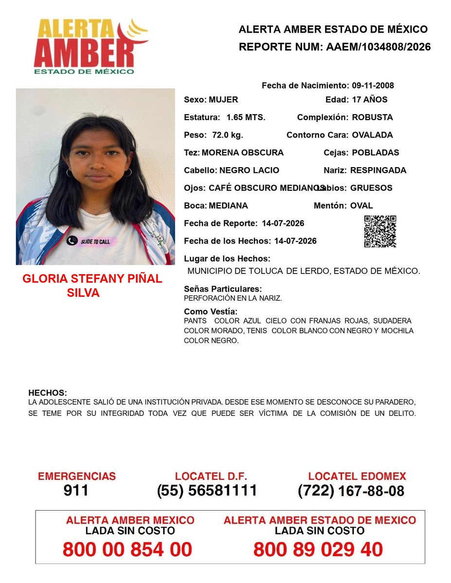 FiscaliaEdomex's tweet photo. 📍Tu apoyo es importante, ayúdanos a difundir, cualquier información para localizar a la siguiente persona comunícate al 📞 800 890 2940 Alerta Amber EDOMEX y ☎️ 800 7028 770 #FiscalíaEdoméx. https://t.co/bcRRFa6Pls