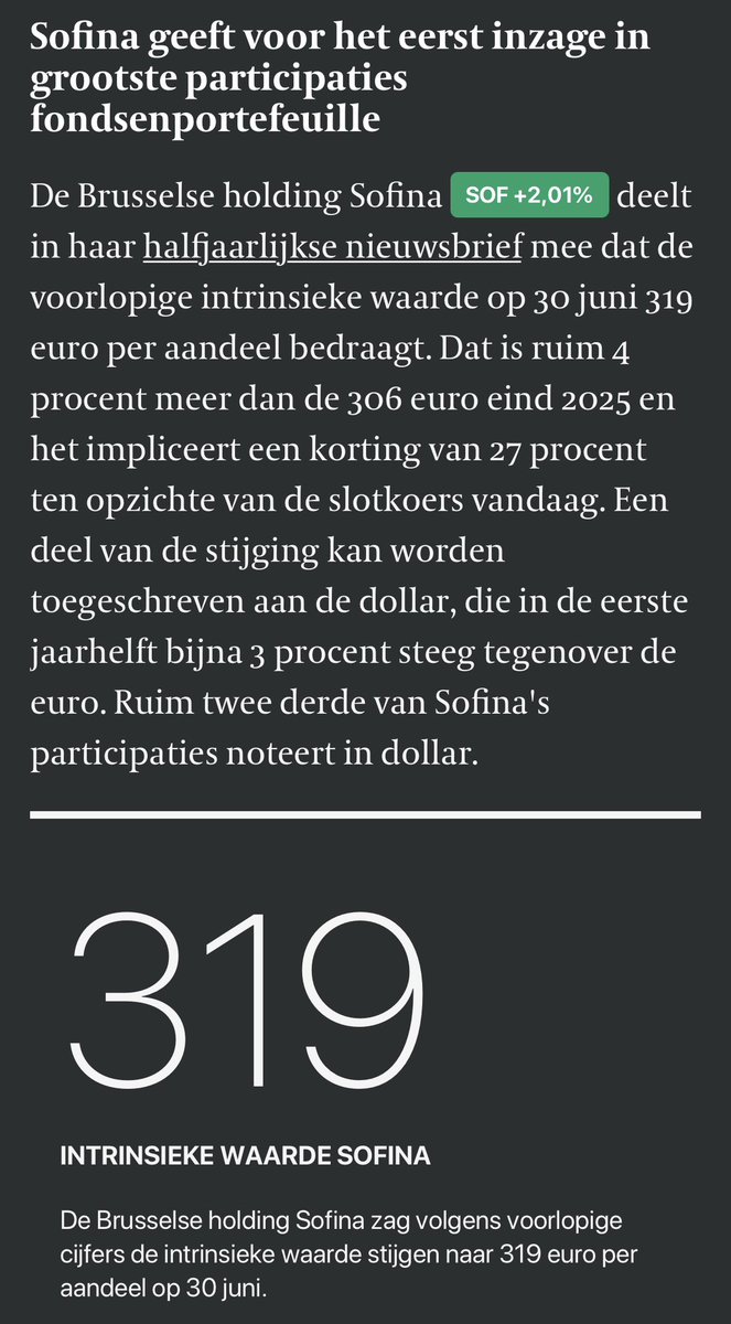 DeMolJohan's tweet photo. Unpopular opinion: de korting op de IW is misschien overdreven, maar een stijging van de IW met 4%, waarvan 3%punt dan nog door een stijging van de USD, vind ik weinig impressionant. En dan moet je nog hopen dat het hele AI-circus niet instort.
#sofina https://t.co/M88mmyYTtD