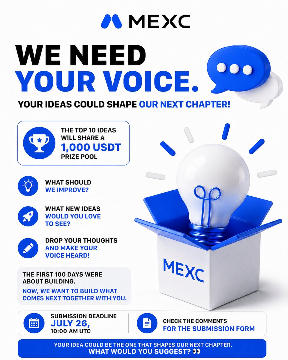 MEXC_CST's tweet photo. This is the latest and it will remain available for everyone. 💙 

📣 The Next Chapter Starts With Your Ideas!

🎁 The top 10 ideas will share a 1,000 USDT prize pool

✅ Follow @MEXC_CST
💡 What should we improve?
🚀 What new ideas would you love to see?
👇 Share your thoughts and make your voice heard!

📋 Check the comments for the submission form

#MEXC #Event #YourVoice #NextChapter #Giveaway