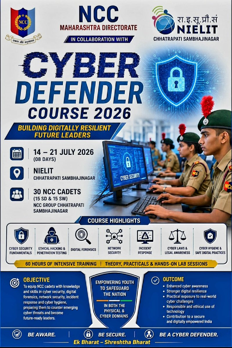 ncc_dte's tweet photo. Building Future Leaders for a Secure Digital India. 🇮🇳
Maharashtra Directorate NCC successfully concluded its first Cyber Defender Course 2026 in partnership with NIELIT, Chhatrapati Sambhajinagar, training 30 NCC cadets in ethical hacking, cyber defence, digital forensics, network security and cyber resilience. This pioneering initiative complements our Drone Training and Disaster Management programmes, creating a new generation of digitally empowered youth prepared to contribute to National Security, Cyber Resilience, Disaster Response and future technology-driven careers. Together, we are transforming NCC into a platform that develops future-ready leaders with the skills to serve the Nation in both the physical and digital domains.
#CyberDefender 
#DigitalIndia 
#SashaktYuva 
#ViksitBharat 
@HQ_DG_NCC
@vatsvirendra1
@Tango78478590
@HQ_DG_NCC
@adgpi
@DefPROMumbai