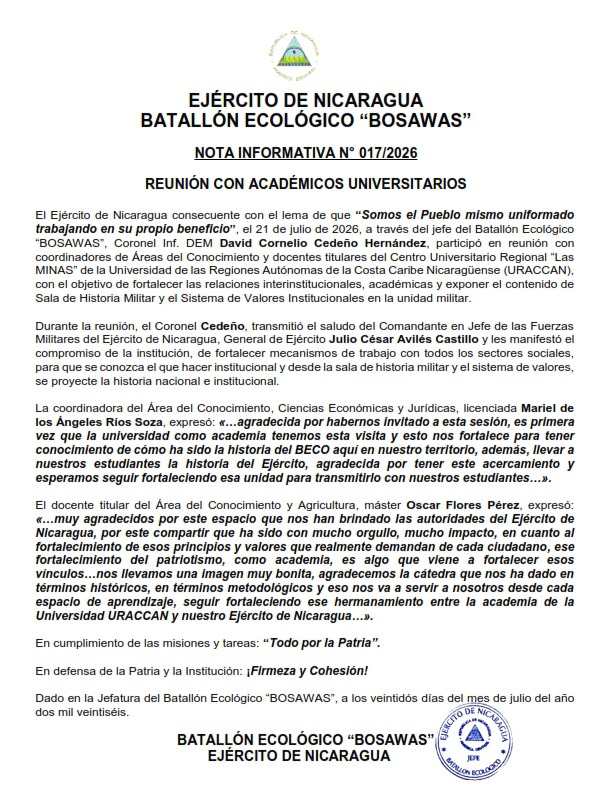 EjercitoNic's tweet photo. #NOTAINFORMATIVA | A través del Batallón Ecológico “BOSAWAS”, se participó en reunión con coordinadores de Áreas del Conocimiento y docentes titulares del Centro Universitario Regional “Las MINAS” de la URACCAN, para fortalecer las relaciones interinstitucionales. #TodoPorLaPatria