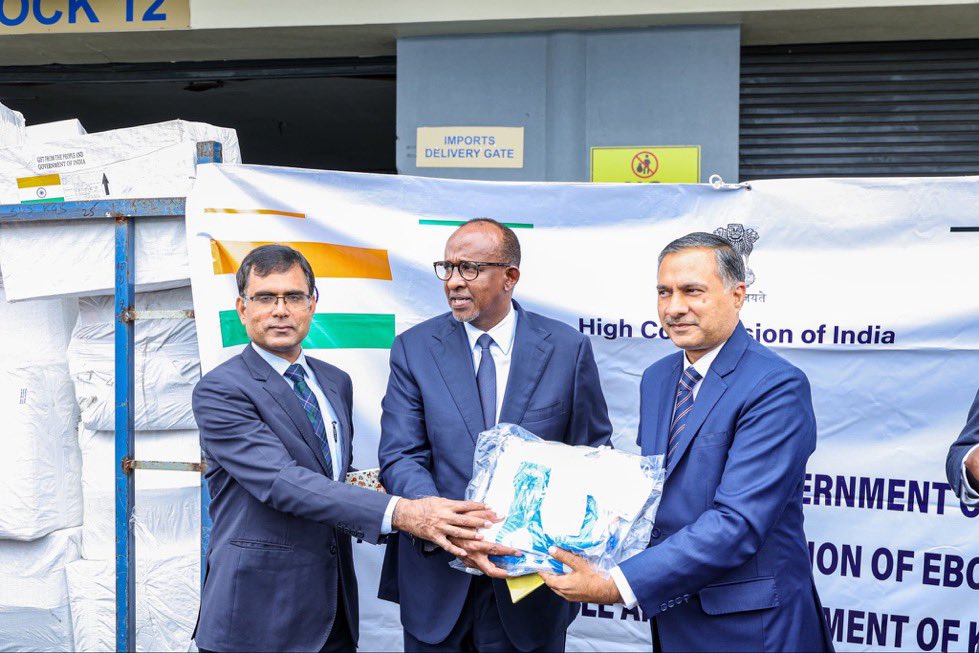 Kemsa_Kenya's tweet photo. CS Duale Commends KEMSA’s Supply Chain Excellence as Kenya Receives India’s Ebola Support

Health CS Hon. Aden Duale received a donation of Ebola preparedness commodities from the Government of India, handed over by H.E. Dr. Adarsh Swaika, India’s High Commissioner to Kenya. https://t.co/H1UTcPTHXS