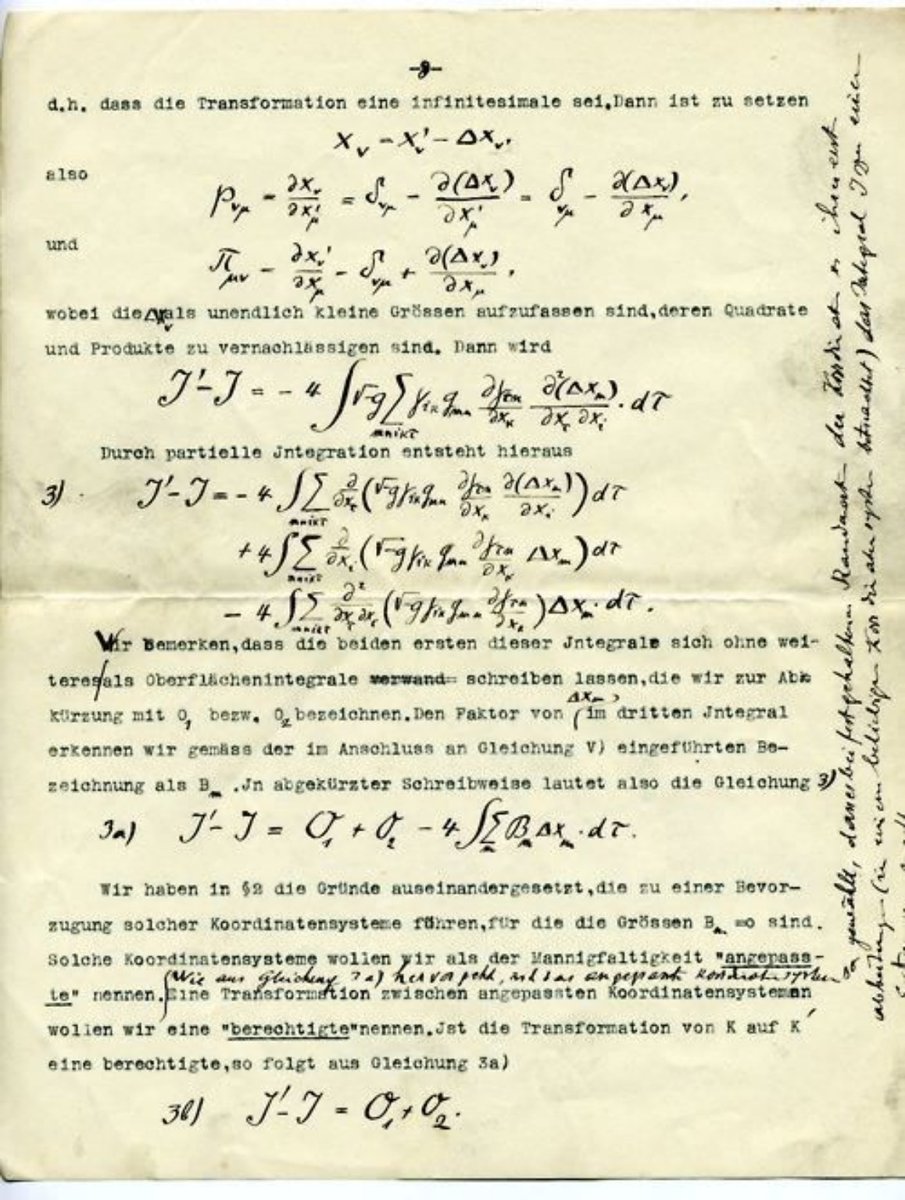 PhilosophyOfPhy's tweet photo. A corrected page from Albert Einstein’s 1914 paper The Formal Foundation of the General Theory of Relativity, written while his theory of gravity was still incomplete.

Here Einstein examines how the gravitational action changes under infinitesimal coordinate transformations. At this stage, influenced by the hole argument, he still restricted the theory to certain adapted coordinate systems rather than allowing complete general covariance.

A year later, in November 1915, Einstein abandoned these restrictions and arrived at the field equations of general relativity. This page preserves the theory in motion: calculations, handwritten corrections, temporary assumptions, and the difficult path from the provisional Entwurf theory to the modern geometry of spacetime.