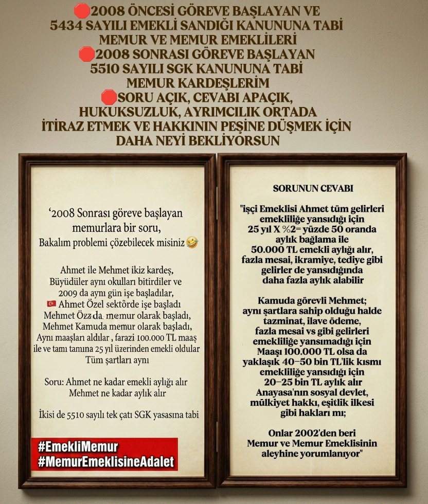 Memur_Emekli33's tweet photo. 2006 da Anayasa Mahkemesinin olumsuz kararına rağmen kanunun arkasından dolanarak hukuksuzluk yaparak 2008 de yürürlüğe giren 5510 sayılı yasa ile emekli sandığını tek çatıya eklediniz, 
Hem emekli sandığını hak kayıplarına uğrattınız, hem de emekli sandığı gelir ve varlıkları ile diğer kesimlerin kayıp kaçak indirim af ve desteklerini finanse ettiniz
Aynı ücret ve maaşı alan 4a ve 4b mensubu çalışan emeklilikte 4c mensubu memur emeklisinin üç katı emekli aylığı alacak
4a ve 4b çalılanının tüm gelirleri emekliliğe yansıtılırken 4c memurun maaşının 3/2 si emekliliğe yansımamakta ve Devlet memurunu asgari ücretin brüt hali ile açlığa sefalete mahkum etmekte
Daha çookkk konular var bana ulaşırsanız size detaylı anlatırım
Mesela 30 yıl görev yaptıktan sonra emekli olan polisilerin bulaşıkçılık, gece bekçiliği, inşaat bekçiliği, şöförlük vs yapmak zorunda kaldıklarını anlatayım size
Mesele onyaptı bu yaptı değil
Başta Cumhurbaşkanı Recep Tayyip Erdoğan olmak üzere hepiniz bu hukuksuzluğun adaletsizliğin sorumlususunuz 
@55erhanusta @cevdetyilmaz @AACanli @abakingurlek @abdulkdir_selvi @acarfaruka @acetmehmettw @adalet_bakanlik @ahaber @ahmetkaragoz01 @ahmetunluysafak @akbasogluemin @Akparti @AKPartiTBMMGrup @aliyalcin @ALKIRATLI @anadoluajansi @ankahabera @ArdaSebnem25 @ArikanOfis @asliaydintasbas @asliibaykal @atikfatih1 @ATuncayOzkan @atvcomtr @av_gundogan @avabdullahguler @avertugrulkaya @AvOzlemZengin @avsengulk @aydinsule1 @ayferkocak @aykiri @AYMBASKANLIGI @ayyuceturkestas @BA_Yildirim @bakiersoymhp @banuguven @baristerkoglu @barisyarkadas @bayrak_haber @bbcturkce @BelovacSerap @bengushap @Berhansimsek @BirGun_Gazetesi @burhanduran @cafermahiroglu @can_atakli_ @cbsbb
#EmekliMemur
#MemurEmeklisineAdalet