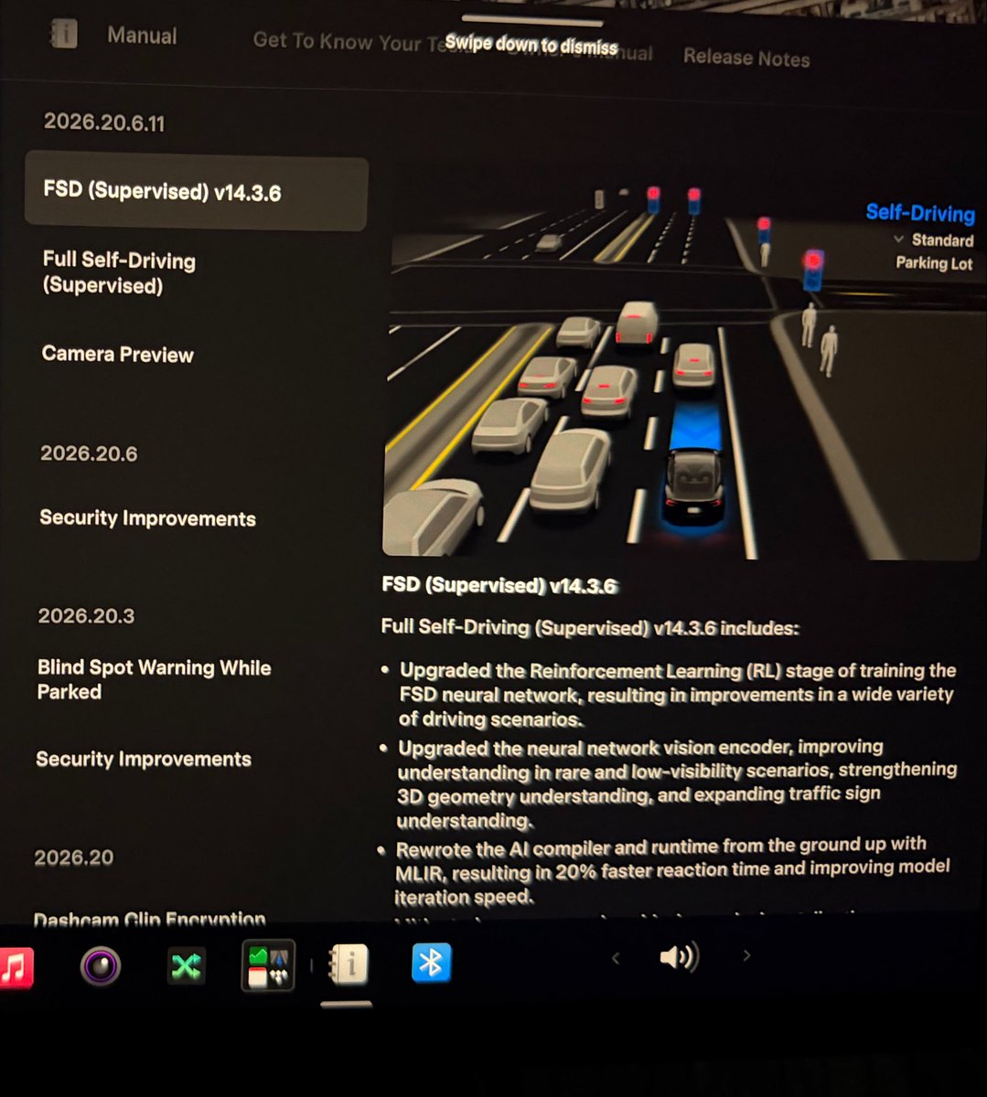 BLKMDL3's tweet photo. Took FSD v14.3.6 out for a couple drives last night. Here are my initial thoughts/review:

Tesla has been on a roll lately releasing so many updates. Yesterday, I downloaded FSD v14.3.6 and after some driving with it, it includes some nice changes

First off, Hurry speed profile rips! It feels close to Mad Max with passing, acceleration, and speed but nothing excessive. Was actually quite impressed and it’s my favorite profile now. Standard felt similar to before, but definitely significantly more chill than hurry. Mad Max doesn’t feel much quicker than hurry now in a good way, this profile feels pretty dialed. The turn lane twitch is unfortunately back for me on my first drive just like v14.3.4 had, was pretty much resolved in v14.3.5. It’s only at one of them with a really wide gap between turn lane and the straight lanes and it was indecisive today.

Standard mode seems similar to before, but the gap between hurry/standard is bigger since hurry felt more assertive, quicker, and stronger acceleration so standard could feel slower. Creeping was less assertive in standard than hurry as expected. 

Parking was excellent at the store tonight. Super quick spot selection and right in front, perfectly straight. It was a diagonal/slanted spot too- very impressed. Street parking at home was not as close to the curb as I’d like, had to readjust it. Sometimes it’ll back up and get closer but tonight it didn’t.

The nag (driver monitoring system) is SO relaxed. It makes using FSD feel so much better and it keeps improving. Feels slightly more relaxed than v14.3.5 but need more drives to confirm. 

Overall, nice point update that also brought a new update for FSD v14 lite on AI3 cars too. The rate in which Tesla is rolling out software releases is insanely good, I thought this was just going to be a big fix change but the hurry mode behavior was immediately noticeable. Great see they are using the same OS numbers and unifying that. I’ll get a lot more driving in today and this week, but overall happy with what I’ve seen.

Thanks @Tesla_AI for another great update.