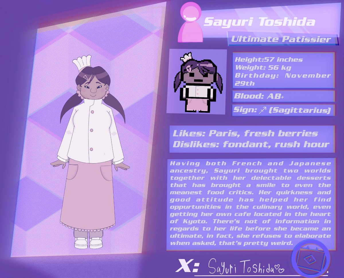 Alterego_404's tweet photo. Meet Sayuri Toshida, The Ultimate Patissier #fangantwt #fanganronpa #fanganronpagame #danganronpa https://t.co/JpE3iWGMBP