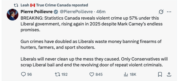 WiretapMediaCa's tweet photo. Pierre Poilievre campaigned for more immigration from third-world nations—now violent crime is up 57%—and instead of calling for mass deportations, he wants more police state legislation.  

Once you see the CPC is the campaign manager for the communist regime, you'll never unsee it.