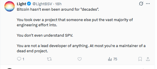 cryptorebel_SV's tweet photo. LightBSV, member of the Blue Triangle Club informed me that I'm not "lead developer" of anything, and at most I'm maintainer of a dead end project. Are the new features and improvements in ElectrumSVP considered development? Or should we give all the credit to the Blue Triangles? https://t.co/bAxUWQ8WKR