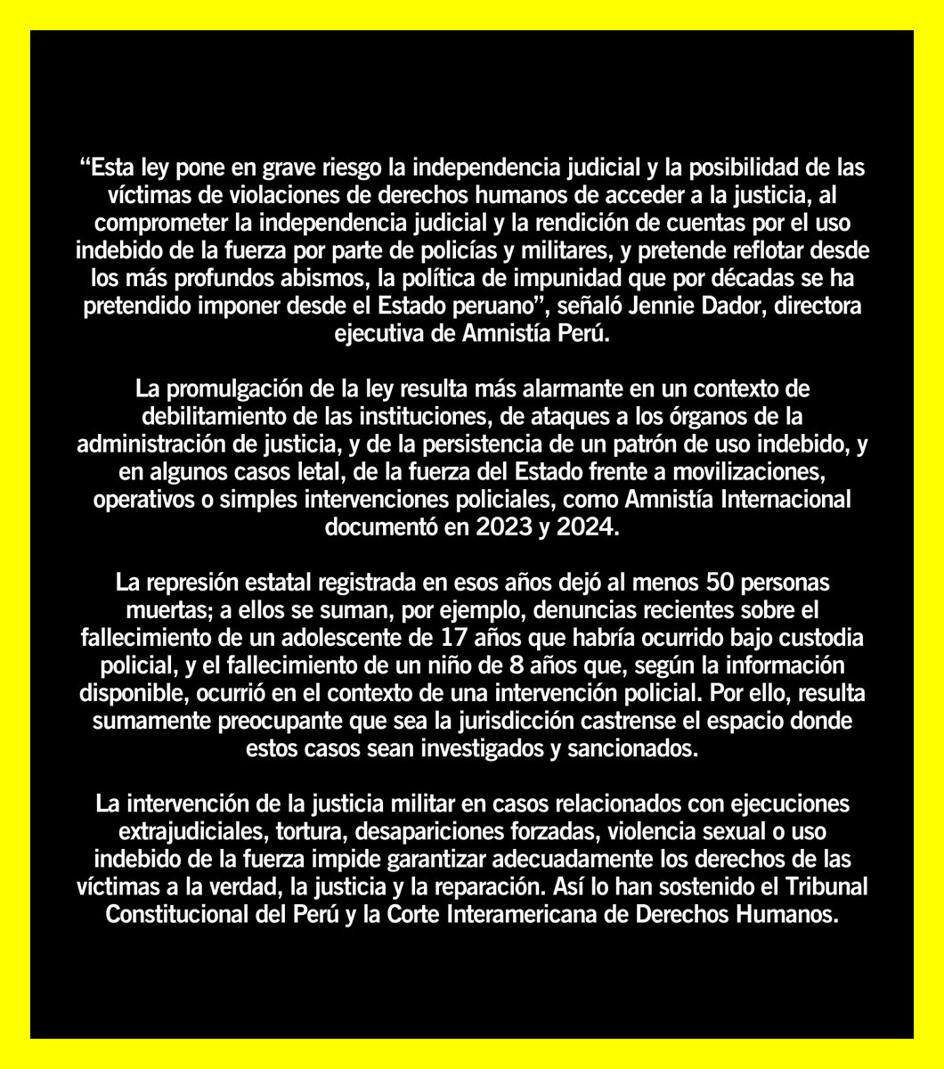 amnistiaperu's tweet photo. #Perú. Rechazamos la promulgación de ley 32735 que permite que posibles delitos cometidos por integrantes de las FFAA y de la Policía sean investigados y juzgados por tribunales militares y policiales, en lugar de la justicia ordinaria, incluso cuando las víctimas sean civiles. https://t.co/SPb02k5uLW
