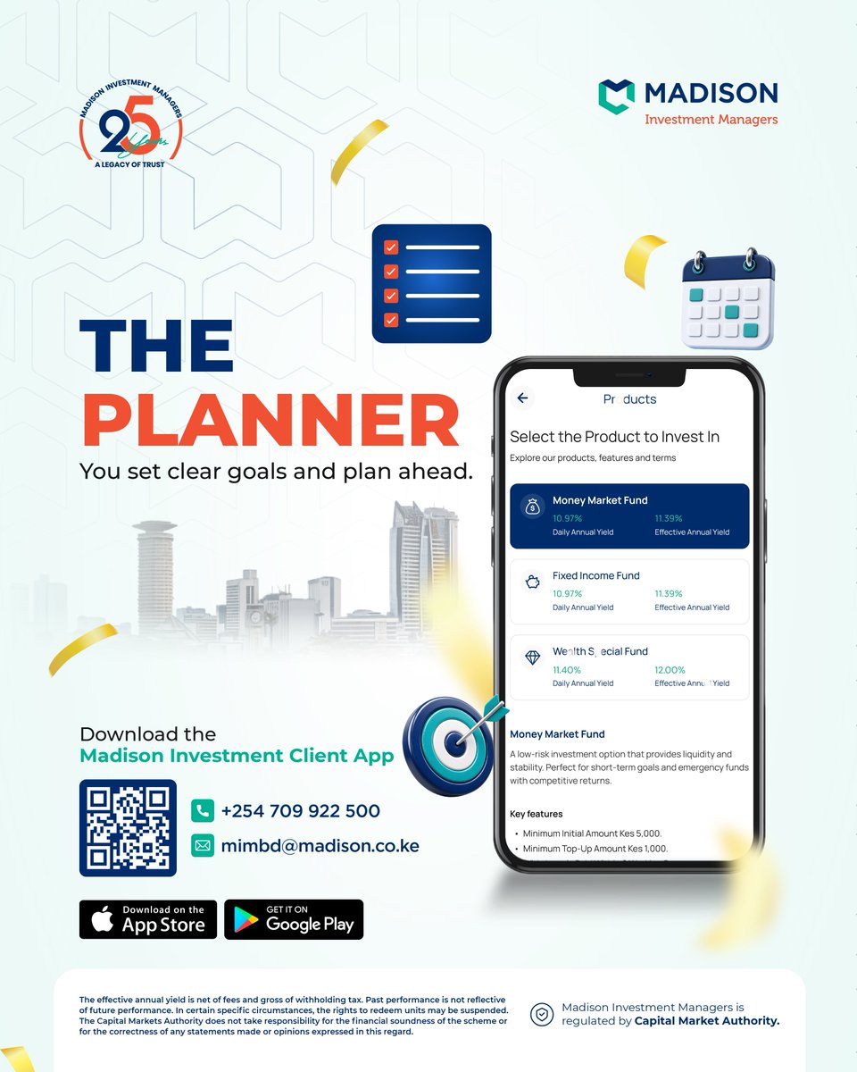 MadisonGroupKe's tweet photo. What type of investor are you?

The best investment strategy starts with understanding your goals.

Whether you're saving for today or building for tomorrow, there's an investment solution for you.

Get started: https://t.co/OEMe3JdNVc

#ALegacyOfTrust #MadisonGroup #InvestKE https://t.co/vi3eDhINDT