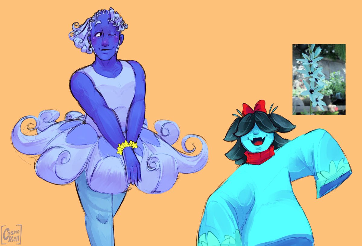CosmoKrills's tweet photo. redrew Blue because I didn't like how I drew him last night, and also redrew Aqua because @Bizriz2 told me about Ixia viridiflora and that fits way more than a succulent

#deltaruneㅤㅤㅤ https://t.co/THwQYoXMlo