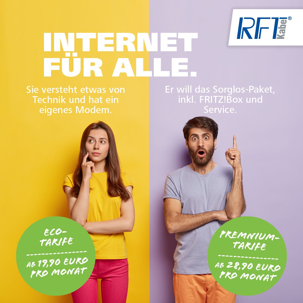 RFTkabel's tweet photo. Bei uns ist #Internet ganz einfach: 

✨ #ECOtarife für alle, die nur den Internetanschluss brauchen und alles drumherum selbst erledigen. 

✨ #PREMIUMtarife für alle, die nur lossurfen möchten, mit #FRITZ!-Mietrouter und Service.

Mehr Infos: 👉 https://t.co/uY3lfZyOB2 https://t.co/OephIaCo6k
