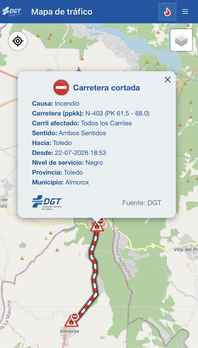 PCivil_Alcorcon's tweet photo. ⚠️IMPORTANTE⚠️
Según indica @DGTes @InformacionDGT queda cortada totalmente la #N403 desde la #M507 hasta #Almorox debido al #IFAlmorox.
Evita la zona de influencia.
#ProtecciónCivil 
#Alcorcón https://t.co/ws8c28pzJI