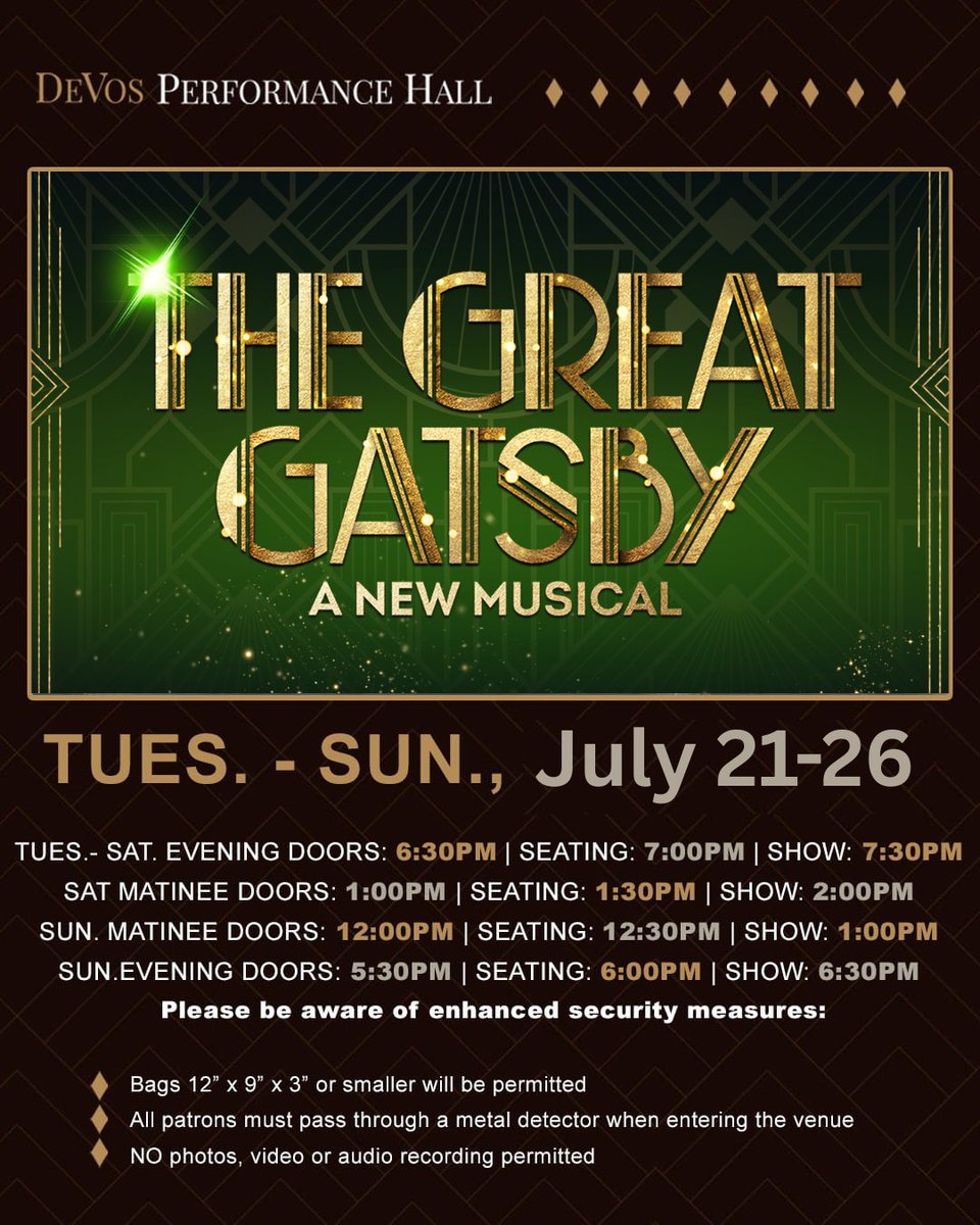 DeVosPerfHall's tweet photo. The Great Gatsby is here! Read what you should know before the show. ✨ https://t.co/VE3EMv5rsT