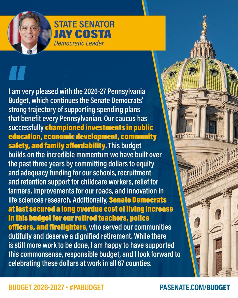 PaSenateDems's tweet photo. "Our caucus has successfully championed investments in public education, economic development, community safety and family affordability," said @SenatorCosta.

Learn more about the 2026-2027 #PAbudget:
https://t.co/uJoEcumqZN https://t.co/JqjX5z696U