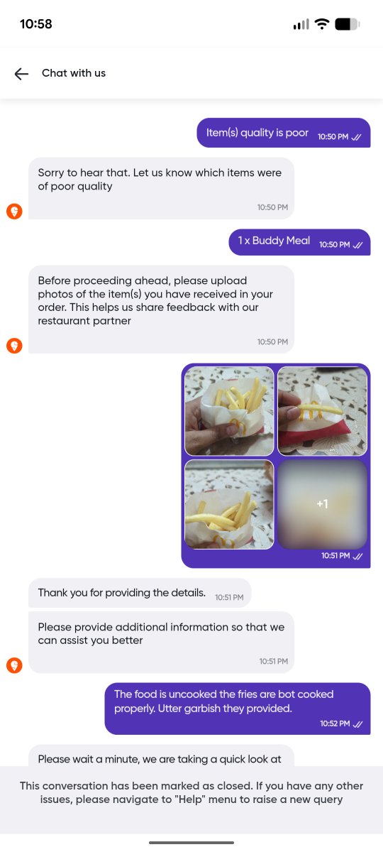 fourwordBhatia's tweet photo. I ordered food from @mcdonaldsindia through @Swiggy. My Order ID: #243708616128443 and the fries were not cooked properly it is undercooked. Complaint was raised through swiggy but  Ai bot closed the complaint which is concerning as no resolution or solution was provided. https://t.co/LjQ2ABthhL