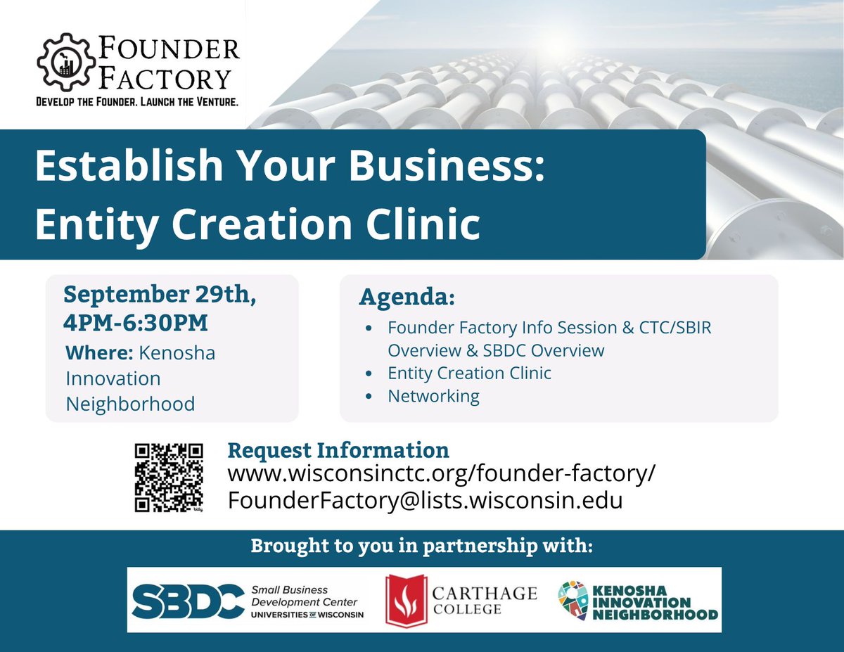 WisconsinSBDC's tweet photo. Starting a business doesn't mean figuring it out on your own. This Entity Creation Clinic will help teach you the fundamentals of business formation.
Kenosha area #innovators, register to join on 9/29 at Kenosha Innovation Center: https://t.co/IFmPInclz5 @WEDCNews @WisconsinCTC https://t.co/bppLR8uVOd