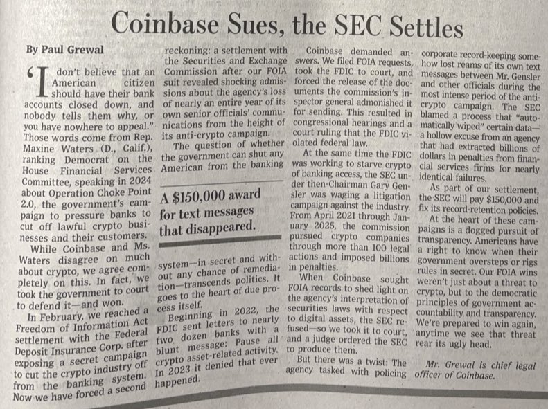 TFTC21's tweet photo. Coinbase settled its FOIA lawsuit against the SEC. The SEC will pay $150,000 and overhaul its record-retention policies.

The SEC's own inspector general found that close to a year of former Chair Gary Gensler's text messages were wiped after the agency reset his phone before making a backup. 

The destroyed window covered the FTX collapse and the agency's peak enforcement campaign against crypto exchanges. 38% of the recovered texts touched agency business.

The irony is hard to miss. Under Gensler, the SEC levied more than $1 billion in fines on financial firms for losing employee messages.