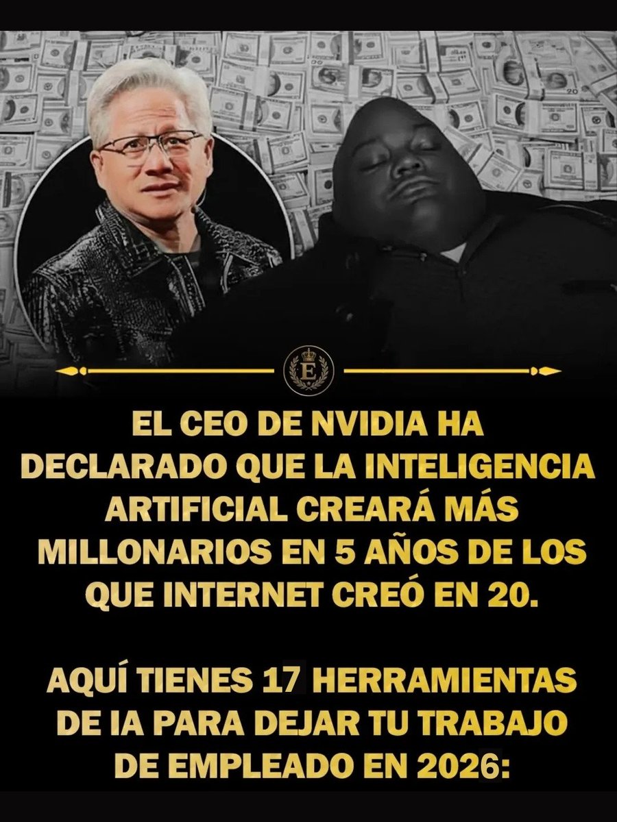Cristian1977778's tweet photo. El CEO de Nvidia ha declarado que la inteligencia artificial creará más millonarios en 5 años de los que internet creó en 20.

Aquí tienes 16 herramientas de IA para dejar tu trabajo de empleado en 2026:

Hilo 🧵 https://t.co/zFI2cyqheL