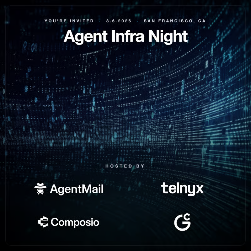 agentmail's tweet photo. Save the date, mark your calendar, tattoo it on your arm...

On August 6, @agentmail  x @composio x @telnyx x @generalcatalyst are hosting Agent Infra Night

RSVP on Luma (link in comments) https://t.co/fUvT3a0IEZ