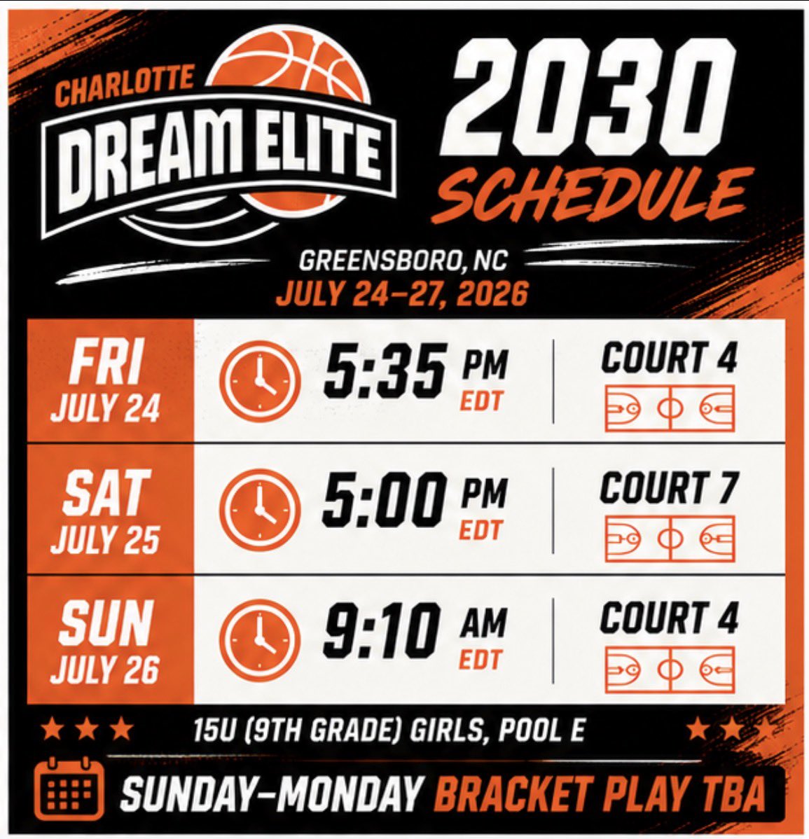 CltDreamElite's tweet photo. 💥LIVE IN GREENSBORO, NC‼️ Our talented 2030 team is playing in @insiderexposure Summer Slam July 24-27! 
🕹️All pool play games at Greensboro Coliseum!
🗣️See graphic for pool play schedule!
#cde2030 #charlottedreamelite https://t.co/mqMCHF2g3L