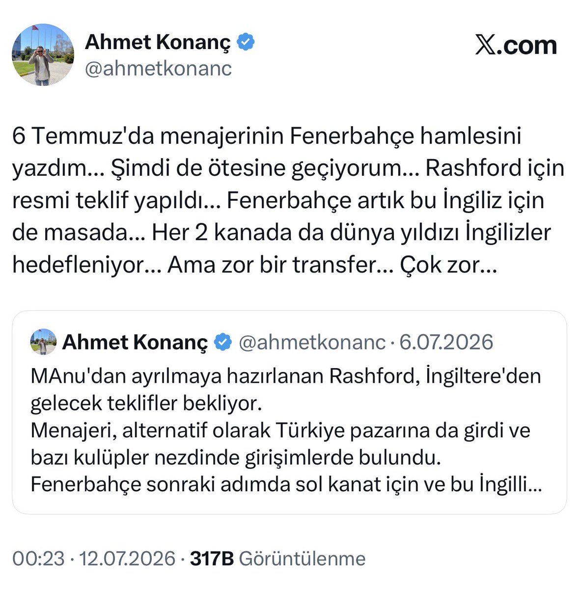 ahmetkonanc's tweet photo. ÖZEL - 6, 12 ve 15 Temmuz’daki Rashford haberlerimin arkasındayım. Fenerbahçe bu işte çok ciddi… Herkes ‘Malcom, Roma, Atletico’ derken nasıl Greenwood dediysem Rashford’taki girişimde de iddialıyım.
👉Yeni haber de şu: Fenerbahçe oyuncuya yeni bir teklif yaptı. Büyük çaba var! https://t.co/qK3o1laHxq