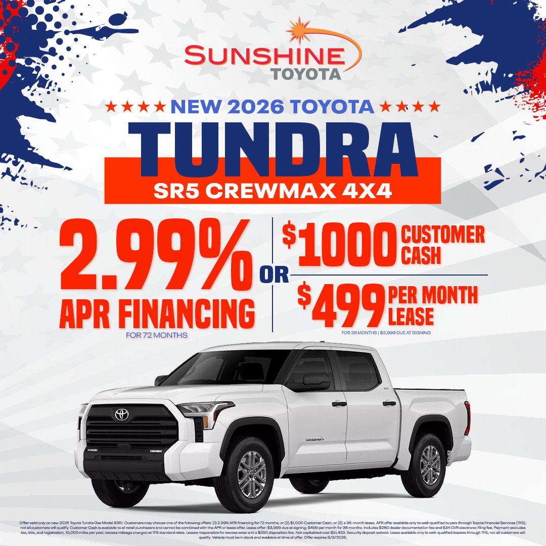 ToyotaSunshine's tweet photo. Summer is here: Upgrade your ride and hit the road in style!

#sunshinetoyota #toyota #carsforsale https://t.co/9pqdLiumqK