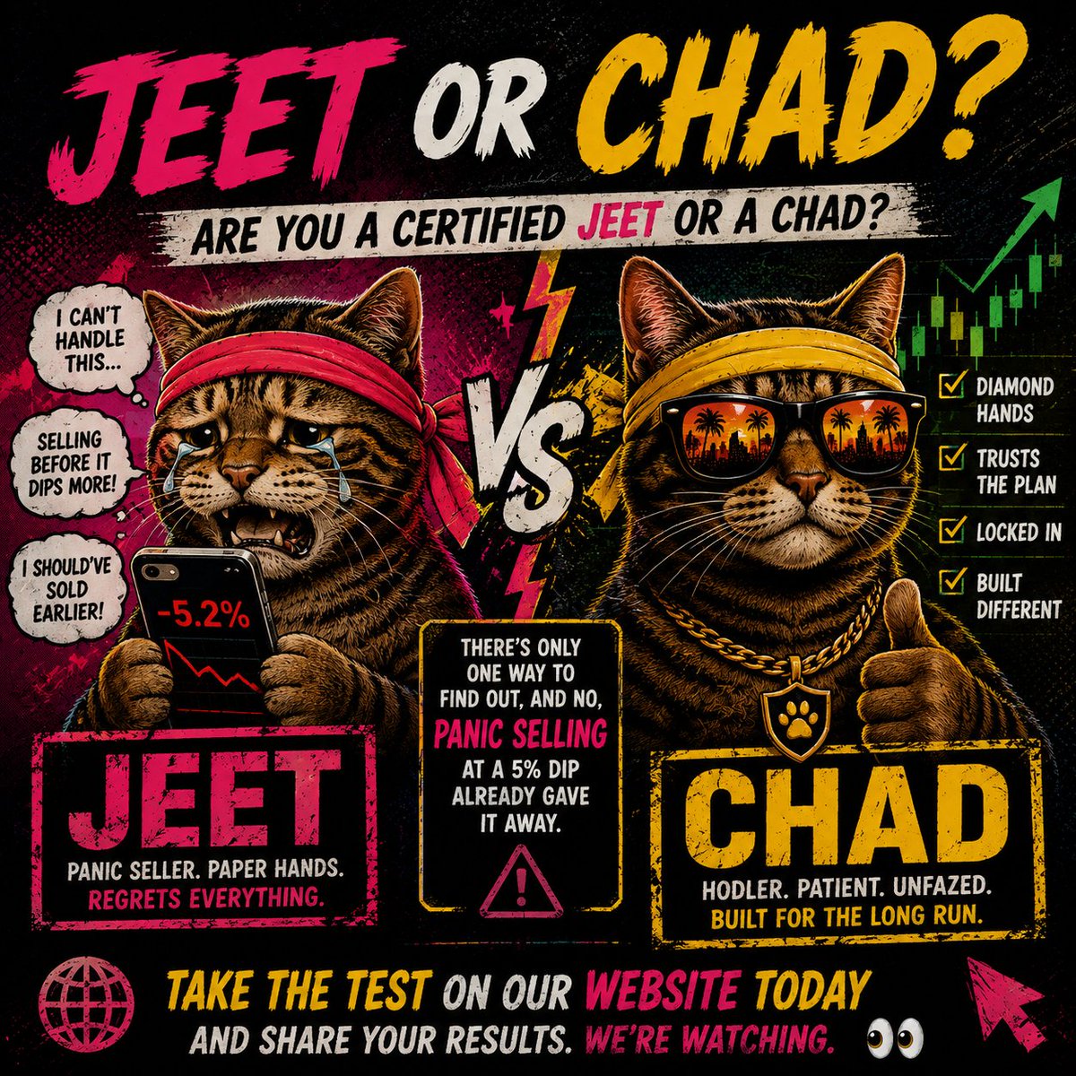 KittyOnRH's tweet photo. Are you a certified Jeet or a Chad? 

There's only one way to find out, and no, panic selling at a 5% dip already gave it away.

Take the test on our website today and share your results. We're watching. 👀

https://t.co/R4PV4ldiVM 

#KITTY #RobinhoodChain https://t.co/1VFAfOgAWH