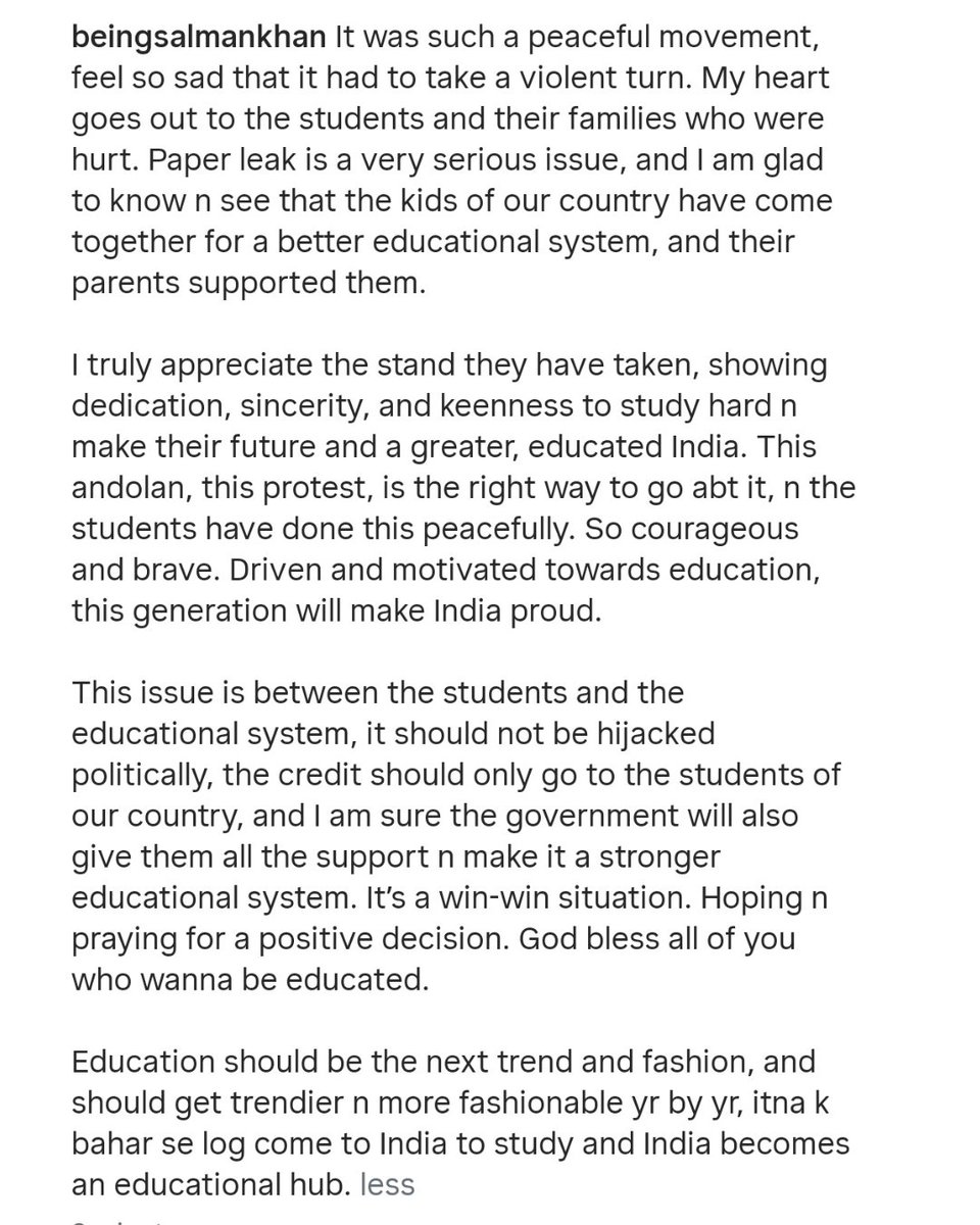 filmfare's tweet photo. #SalmanKhan has broken his silence on the ongoing student protests, expressing solidarity with students, calling the paper leak issue "very serious," and urging that the movement remain peaceful and free from political interference. He also hoped for a positive resolution, saying education should become India's biggest priority.

#Trending #StudentProtests #NEETProtest #JantarMantar
