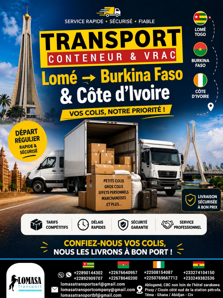 LomasaTransport's tweet photo. Vous recherchez un transporteur fiable pour vos marchandises (vrac, conteneurs, colis) ?📍 Lomé (Togo) ➡️ Burkina Faso 🇧🇫 &amp; Côte d'Ivoire 🇨🇮Confiez-nous vos biens, nous les livrons à bon port ! 📦🚛📞 Contactez-nous dès aujourd'hui pour un devis rapide.
.
 #transport #camion https://t.co/h80BjgsxE8