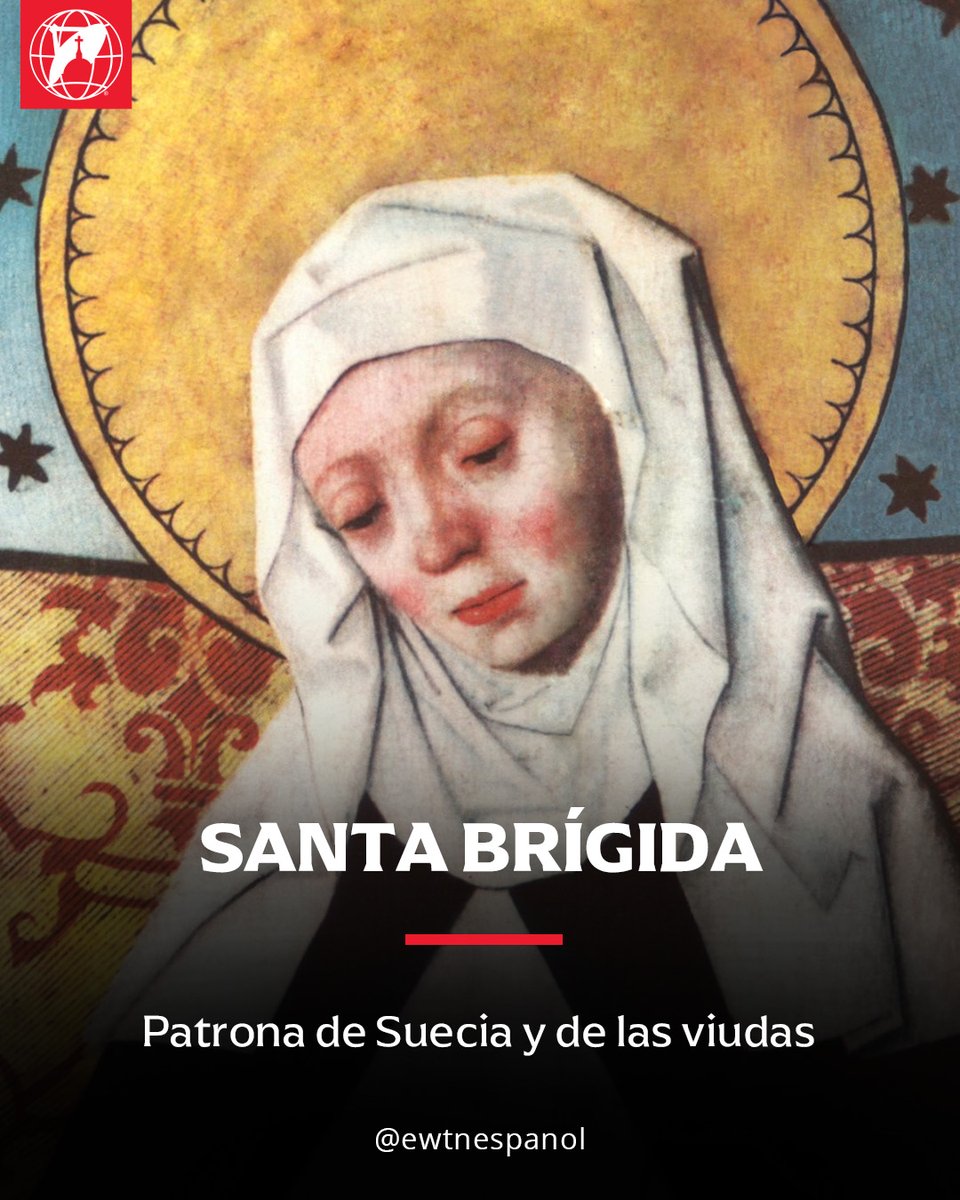 EWTNespanol's tweet photo. 23 DE JULIO | Brígida fue una religiosa católica, mística, escritora y teóloga sueca. Es considerada la santa patrona de Suecia,  copatrona de Europa y patrona de las viudas.
Pertenecía a una familia aristocrática alternó en los círculos políticos más influyentes de la Suecia medieval. Fue la fundadora de la Orden del Santísimo Salvador, vigente en la actualidad.
Desde niña Brígida tuvo visiones que desarrollaron en ella una profunda devoción a María y las meditaciones sobre el sufrimiento de Cristo. Cuando Brígida perdió a su madre a los 3 años de edad, su padre la envió a casa de su cuñada. A los 15 años fue prometida en matrimonio contra su voluntad y de esa unión con Ulf Gudmarsson nacieron 8 hijos, entre ellos, la santa Catalina de Suecia.
La fe de Brígida influyó grndemente en su marido. Juntos realizaron peregrinaciones a Nídaros (actual Trondheim) y a Santiago de Compostela. En el camino a España, en la ciudad francesa de Arras, Ulf cayó enfermó. Cuando se temía lo peor, el santo francés San Dionisio se apareció ante Brígida y le prometió que su marido no moriría en esa ocasión.
De regreso a Suecia, Brígida y Ulf se establecieron junto al convento de Alvastra, donde Ulf murió en 1344 aproximadamente. Entonces Brígida repartió sus bienes entre sus herederos y los pobres, y vivió una vida sencilla. Durante este tiempo experimentó un gran número de visiones.
Brígida viajó a Roma en el año 1350 y fue testigo del decaimiento espiritual de la ciudad tras la partida del papa a Avignon. Ella escribió cartas al papa, suplicándole que regresara a Roma. Durante su estancia en la Ciudad Eterna, se dedica a ayudar a los necesitados y también aprovechó para viajar en peregrinación a santuarios de Asís, Nápoles e Italia del sur.
En 1371, a los 68 años, peregrinó a Tierra Santa. Al regresar a Roma en el verano de 1373, una enfermedad la debilitó, y finalmente murió en la actual Plaza https://t.co/7kyaFBu9hb orden de santa Brígida perdura hasta nuestros días con el nombre de La Orden del Santo Salvador (Ordo Sancti Salvatoris), llamada comúnmente Orden Brigidina. Los restos de santa Brígida se encuentran en el convento de Vadstena.