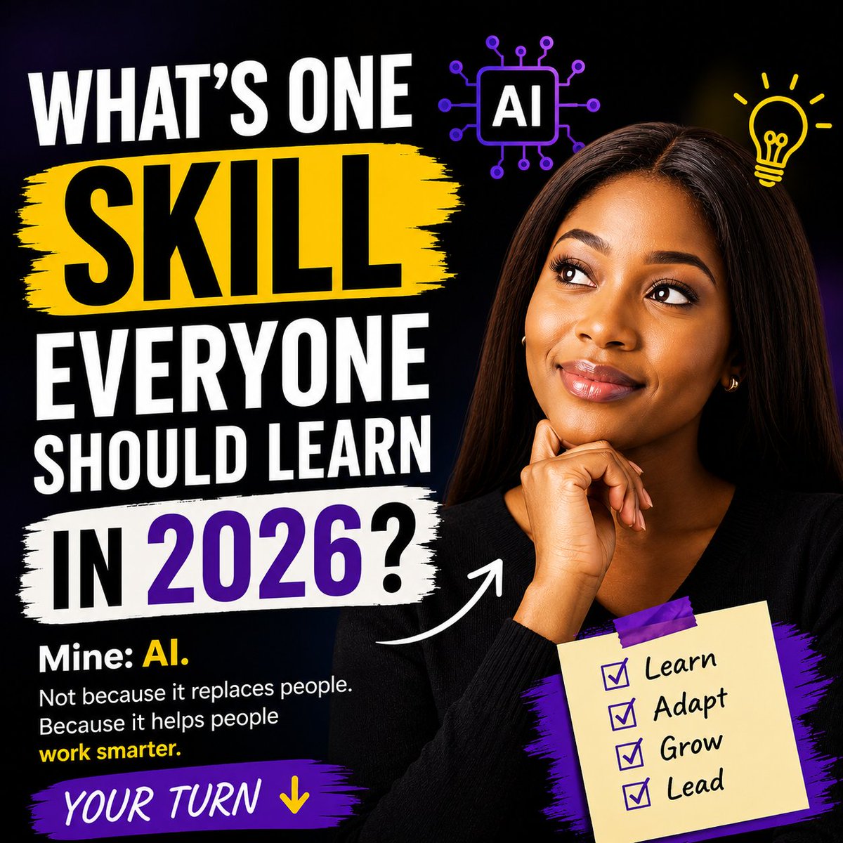 usohIni_VA's tweet photo. What's one skill everyone should learn in 2026?

Mine: AI.

Not because it replaces people.

Because it helps people work smarter.

Your turn👇 https://t.co/vT4yh4UA3g
